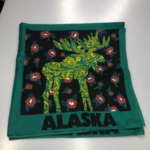 Vtg ALASKA Green Moose Handkerchief Scarf Polyeste